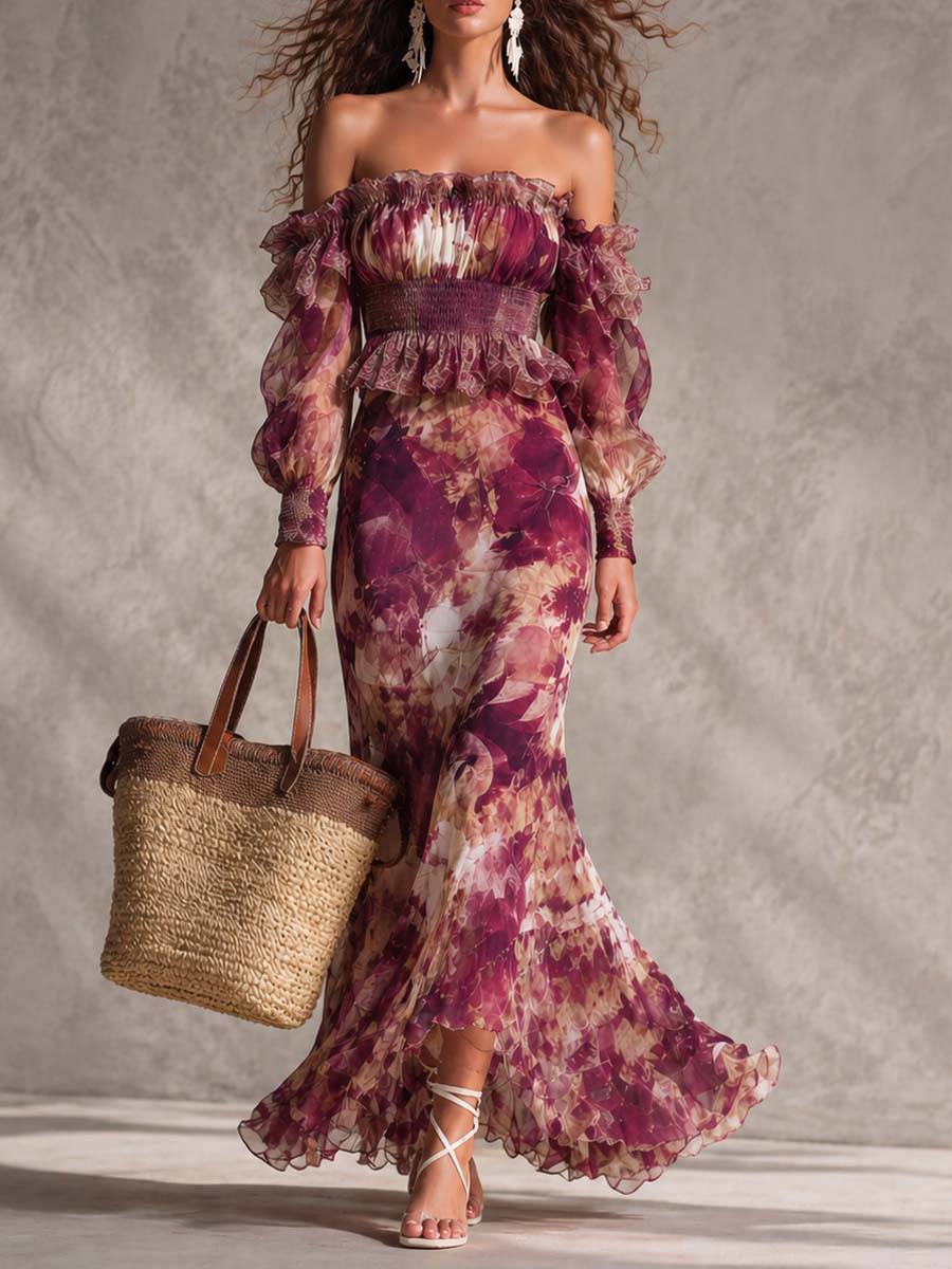 Françoise | Vestido largo de muselina rosa con estampado floral y hombros al aire