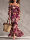 Françoise | Vestido largo de muselina rosa con estampado floral y hombros al aire