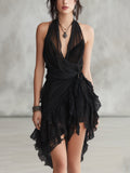 Eléonore | Vestido corto negro con espalda descubierta, volantes y encaje
