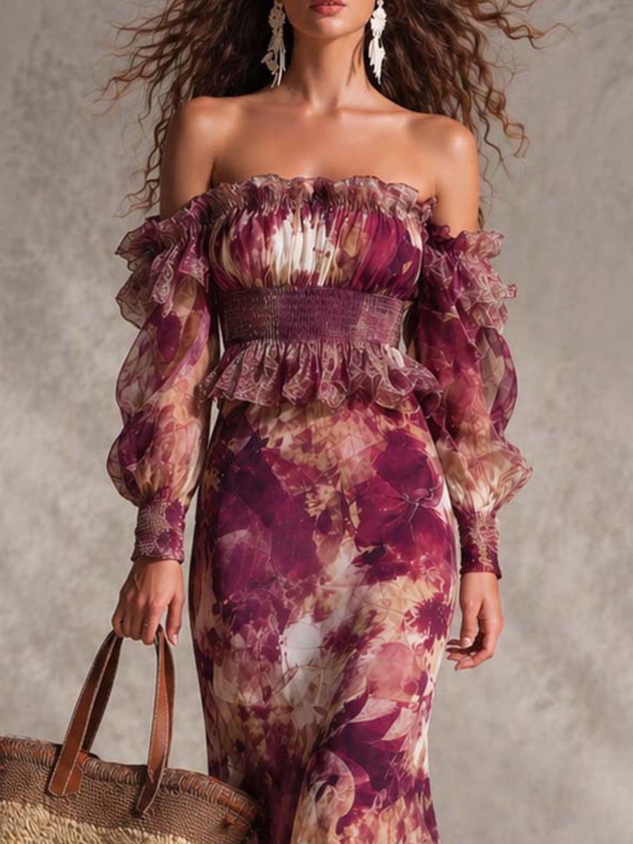 Françoise | Vestido largo de muselina rosa con estampado floral y hombros al aire