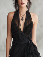 Eléonore | Vestido corto negro con espalda descubierta, volantes y encaje