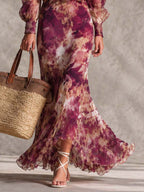 Françoise | Vestido largo de muselina rosa con estampado floral y hombros al aire
