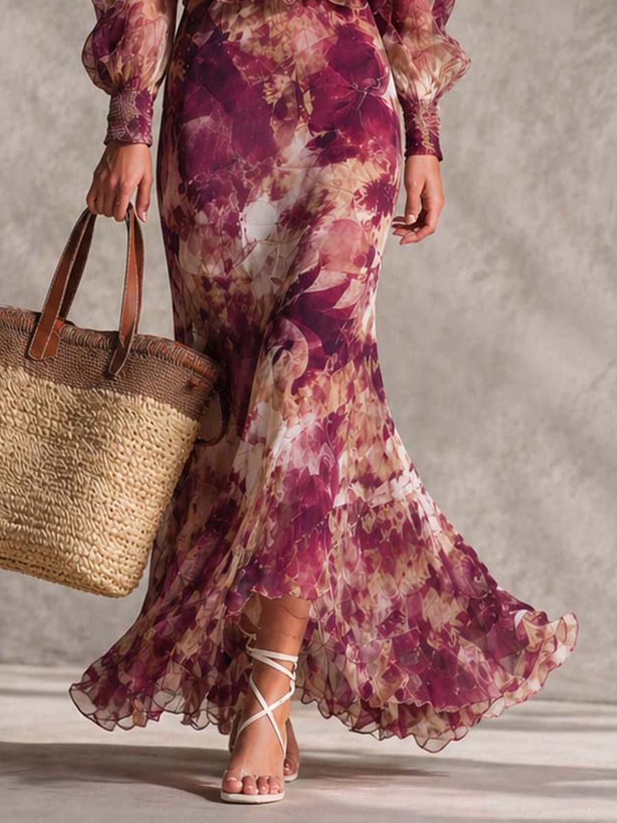 Françoise | Vestido largo de muselina rosa con estampado floral y hombros al aire