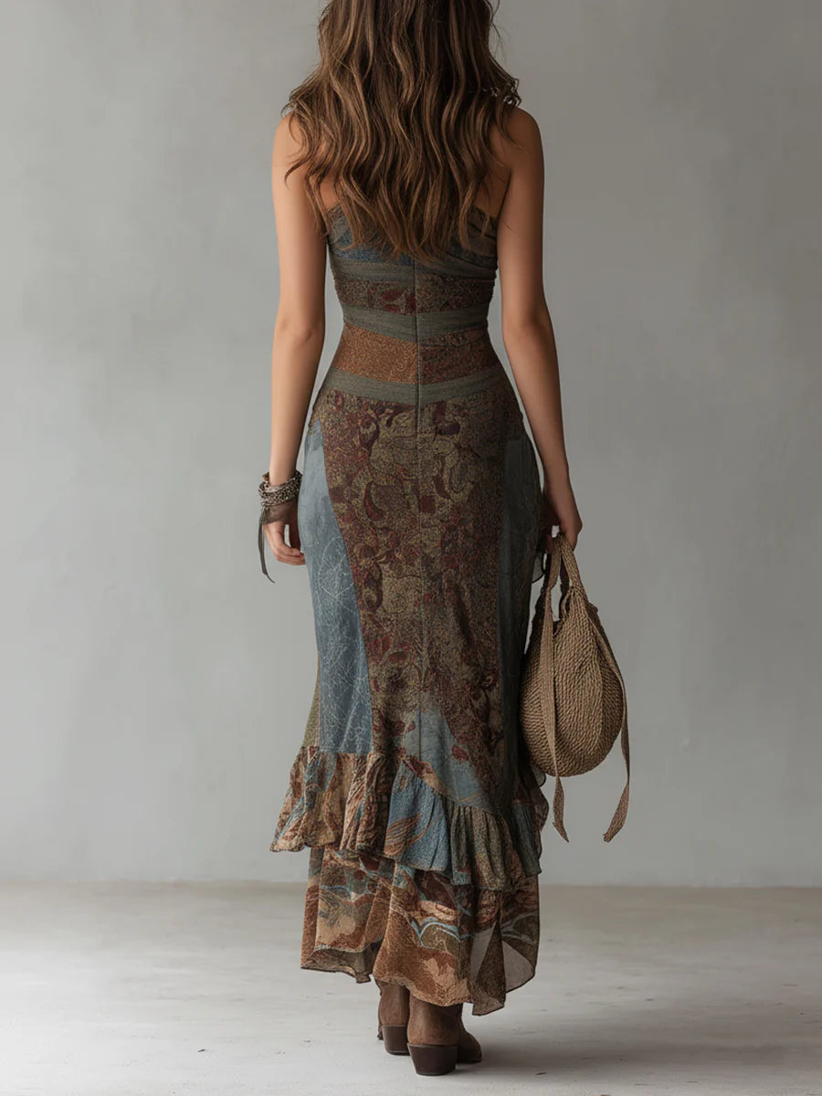 Elena™ | Vestido largo asimétrico con estampado atrevido y abertura con volantes