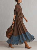 PIERA | Vestido largo de efecto ante con bajo de encaje