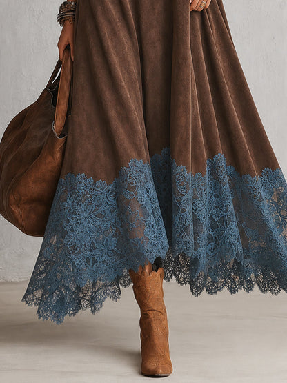 PIERA | Vestido largo de efecto ante con bajo de encaje