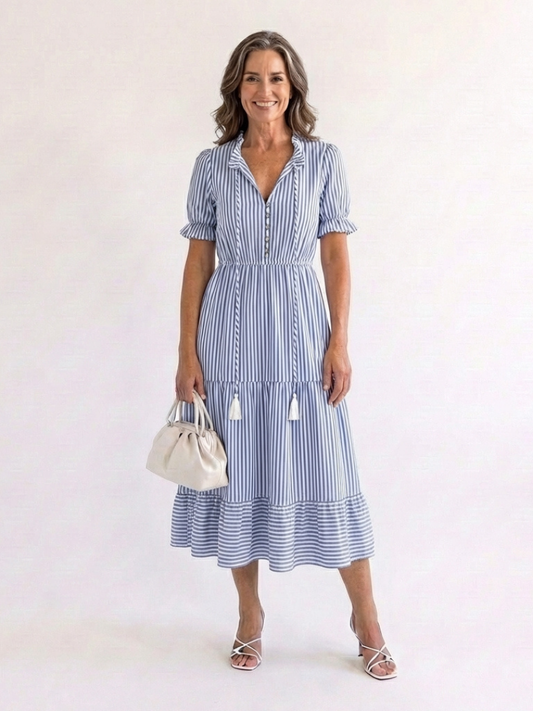 Dakota | Vestido midi a capas a rayas de manga corta