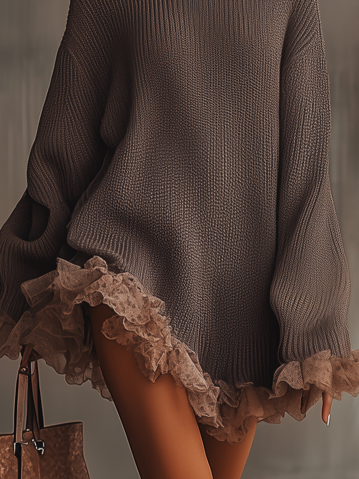 Gabriela - Vestido jersey de punto cálido con cuello alto y volantes