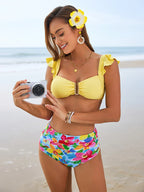 V-Shape Metal Trim Ruffle Bikini Set