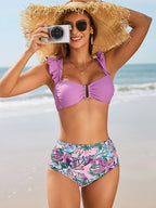 V-Shape Metal Trim Ruffle Bikini Set