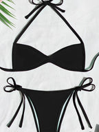 Women’s Halter Tie-Back Plain High-Cut Two-Piece Bikini for Summer Beach