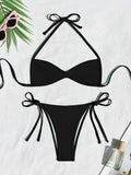 Women’s Halter Tie-Back Plain High-Cut Two-Piece Bikini for Summer Beach