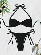 Women’s Halter Tie-Back Plain High-Cut Two-Piece Bikini for Summer Beach
