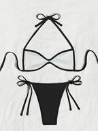 Women’s Halter Tie-Back Plain High-Cut Two-Piece Bikini for Summer Beach