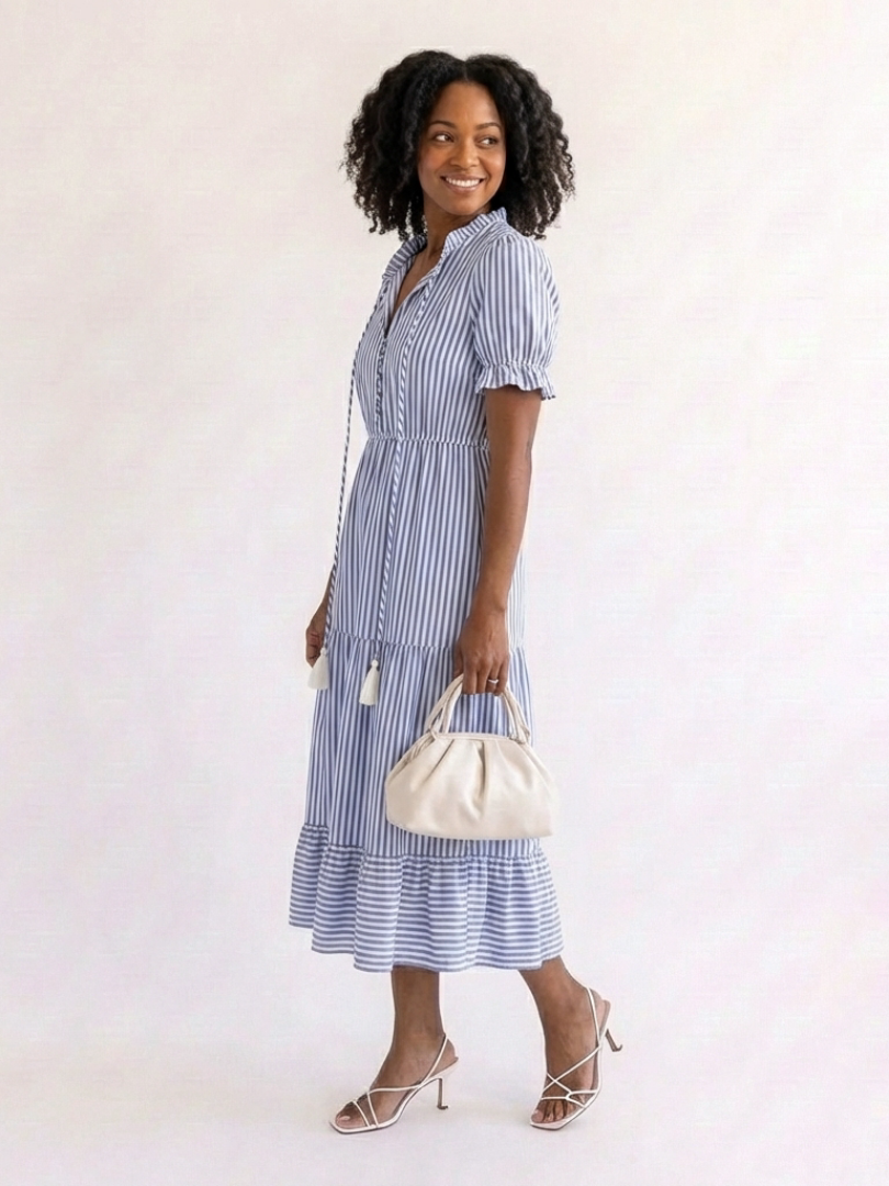 Dakota | Vestido midi a capas a rayas de manga corta