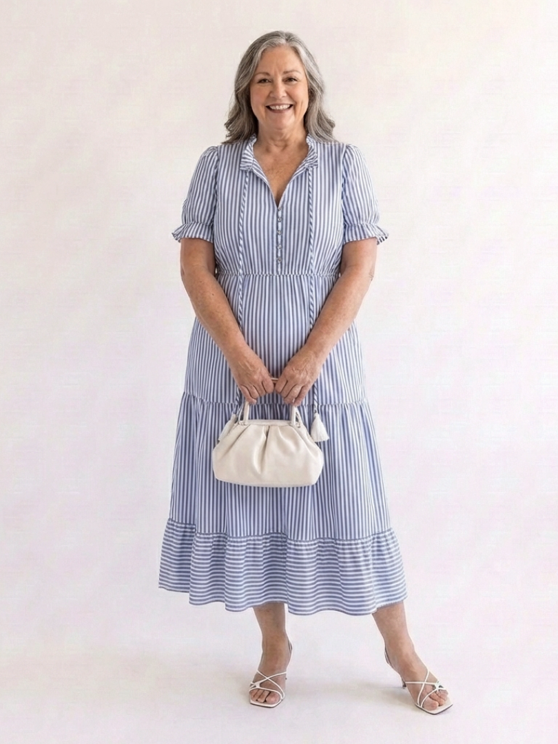 Dakota | Vestido midi a capas a rayas de manga corta