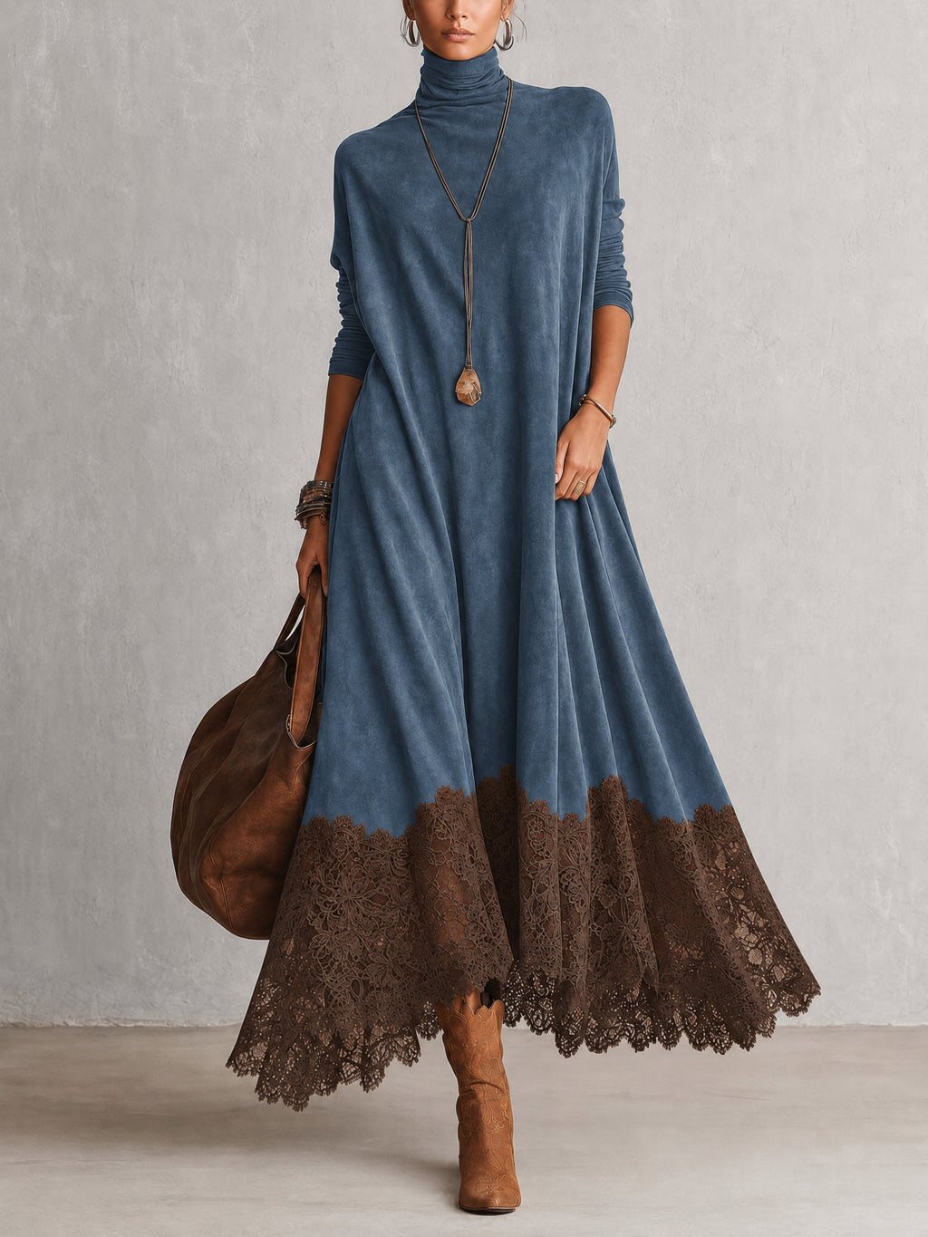PETRA | Vestido largo de efecto ante con bajo de encaje