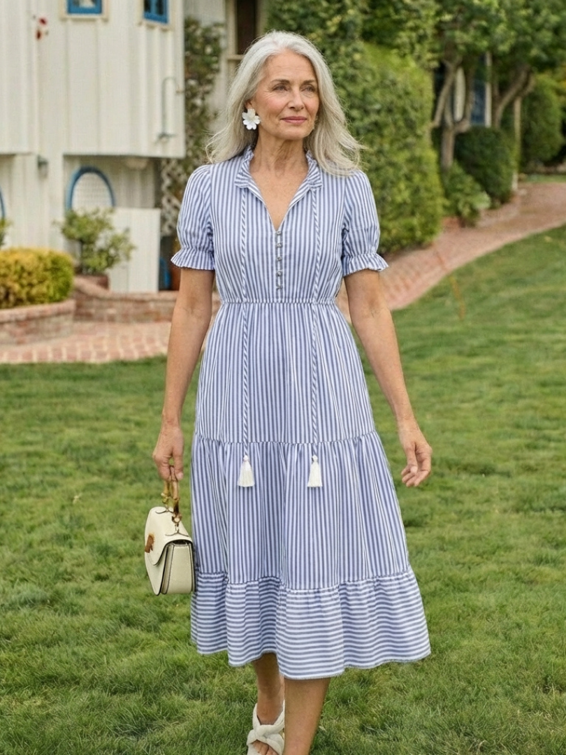 Dakota | Vestido midi a capas a rayas de manga corta