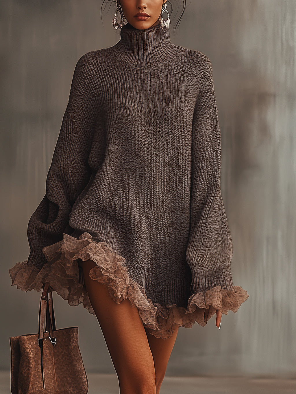 Gabriela - Vestido jersey de punto cálido con cuello alto y volantes