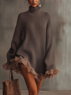 Gabriela - Vestido jersey de punto cálido con cuello alto y volantes