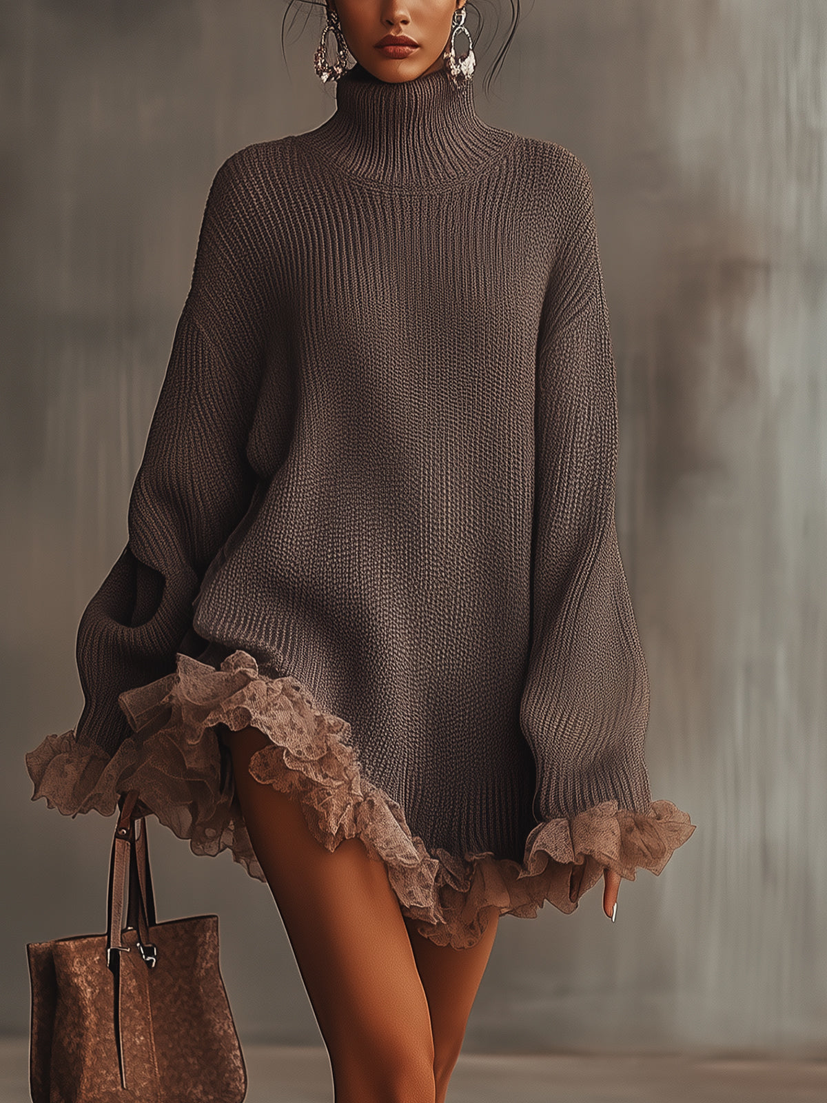 Gabriela - Vestido jersey de punto cálido con cuello alto y volantes