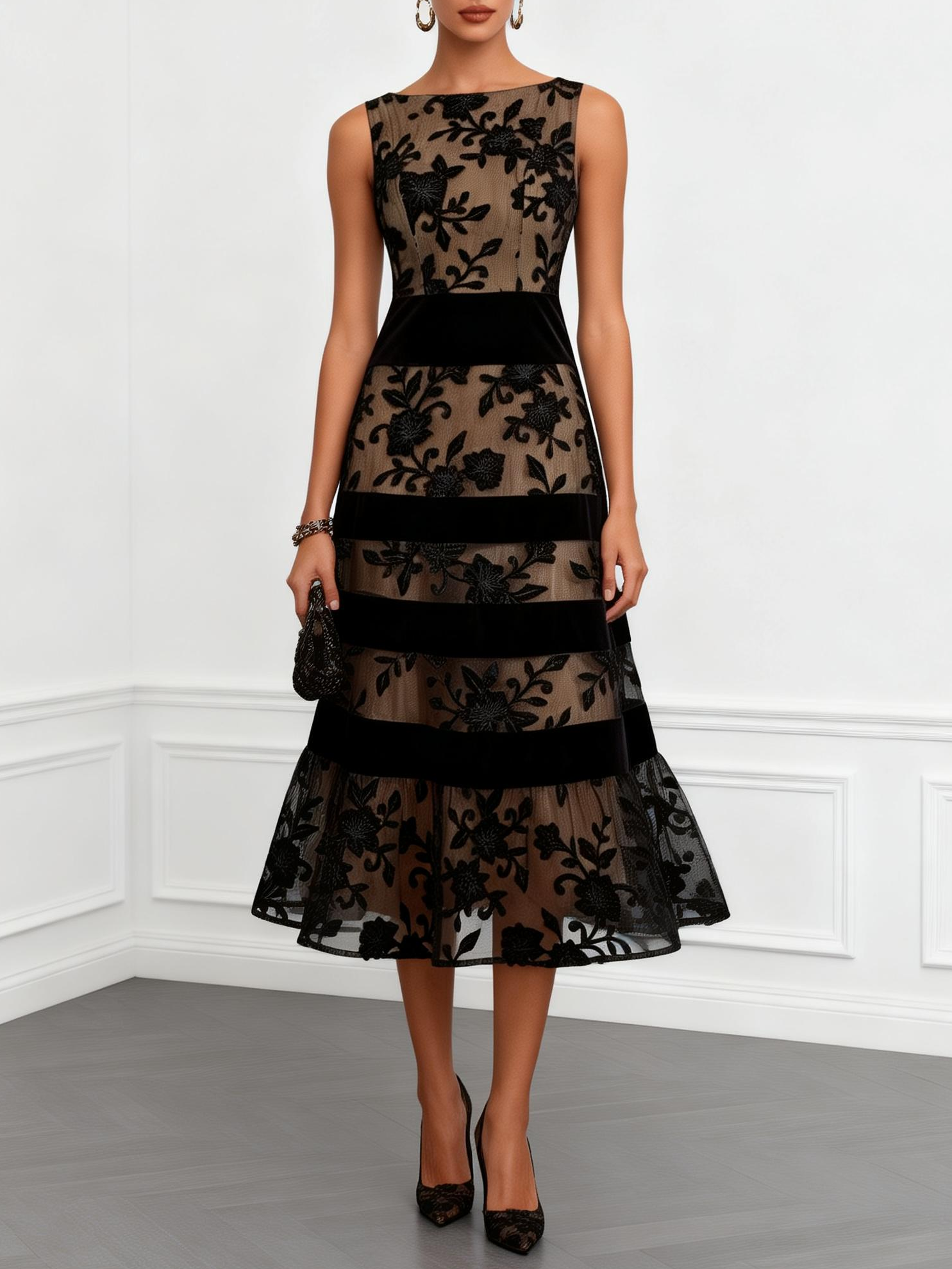 Solène | Vestido midi de corte trapecio de tul negro con estampado floral y sin mangas