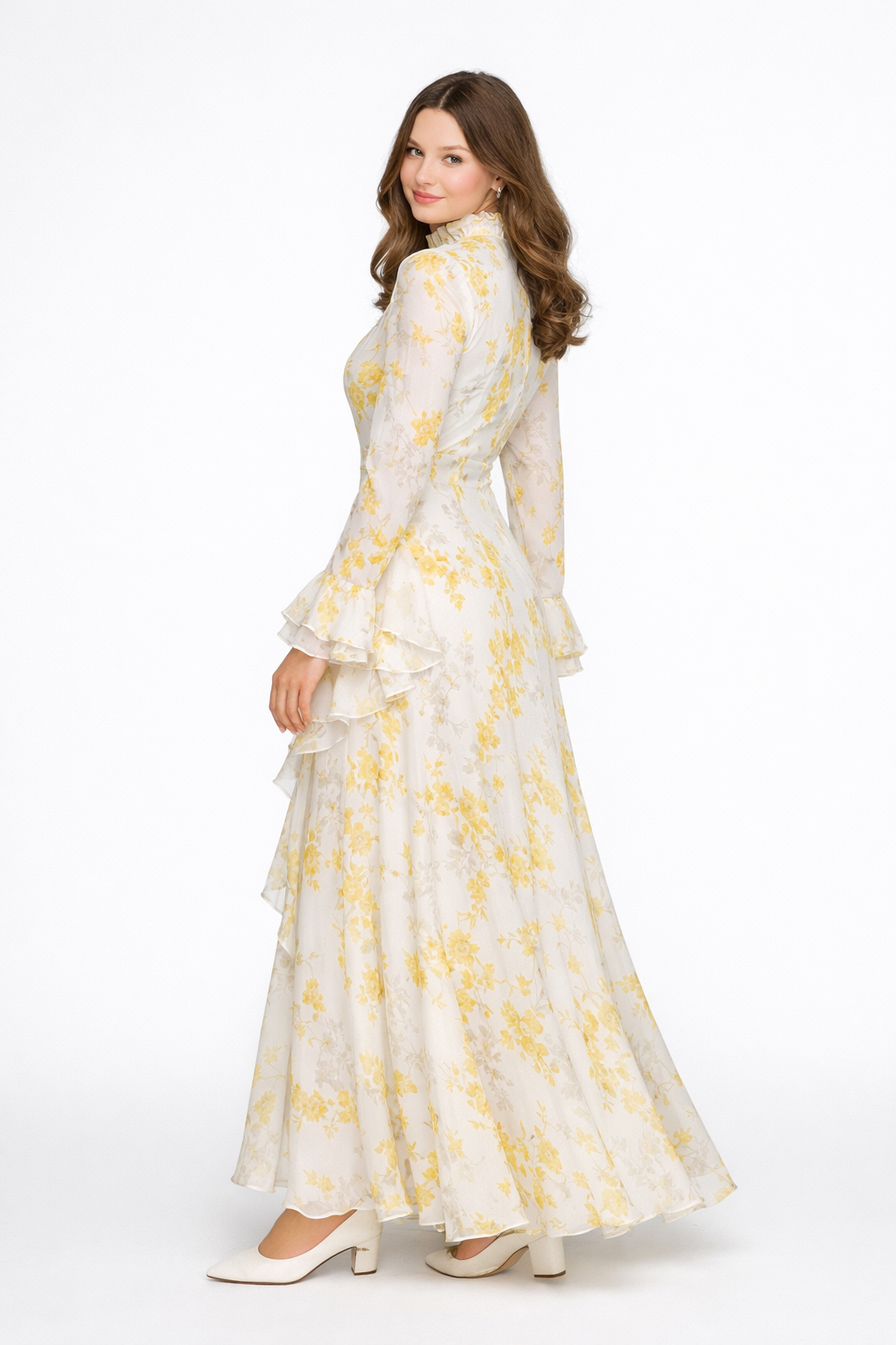 Elisabeth | Vestido largo asimétrico de muselina beige con cuello alto y estampado de pintura al óleo