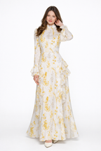 Elisabeth | Vestido largo asimétrico de muselina beige con cuello alto y estampado de pintura al óleo