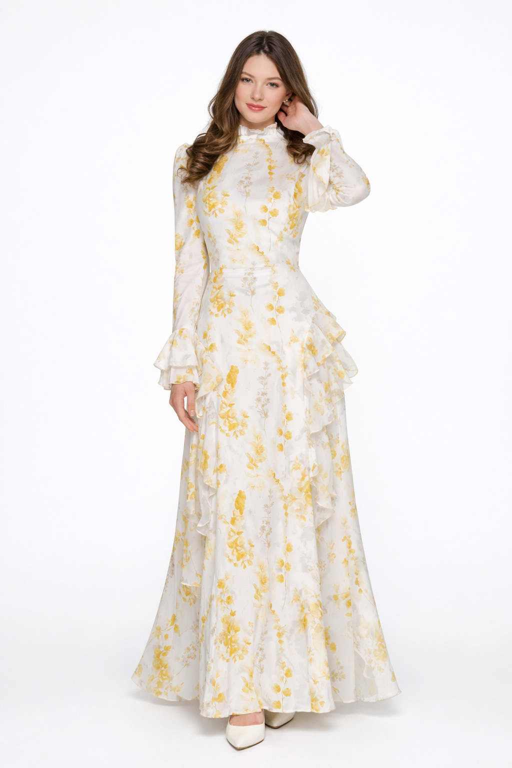 Elisabeth | Vestido largo asimétrico de muselina beige con cuello alto y estampado de pintura al óleo