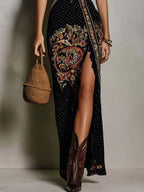 Victoire | Vestido estampado de estilo bohemio con escote pronunciado y abertura alta