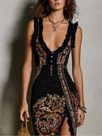 Victoire | Vestido estampado de estilo bohemio con escote pronunciado y abertura alta
