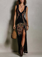 Victoire | Vestido estampado de estilo bohemio con escote pronunciado y abertura alta