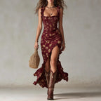 Zara™ | Vestido largo de estilo bohemio con fruncidos, estampado floral y abertura lateral