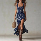 Zara™ | Vestido largo de estilo bohemio con fruncidos, estampado floral y abertura lateral