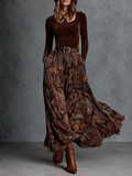 Sara | Conjunto vintage de top de terciopelo elástico y falda larga con estampado paisley y cinturón