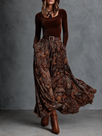 Sara | Conjunto vintage de top de terciopelo elástico y falda larga con estampado paisley y cinturón