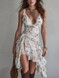 Claire | Vestido mini retro con estampado floral, cuello en V y tirantes finos