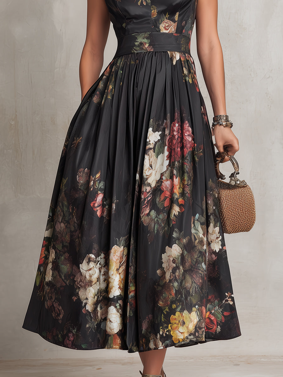 Violette™ | Vestido midi de satén plisado negro con estampado floral y escote en forma de gota