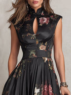 Violette™ | Vestido midi de satén plisado negro con estampado floral y escote en forma de gota