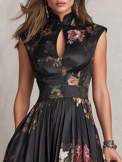 Violette™ | Vestido midi de satén plisado negro con estampado floral y escote en forma de gota