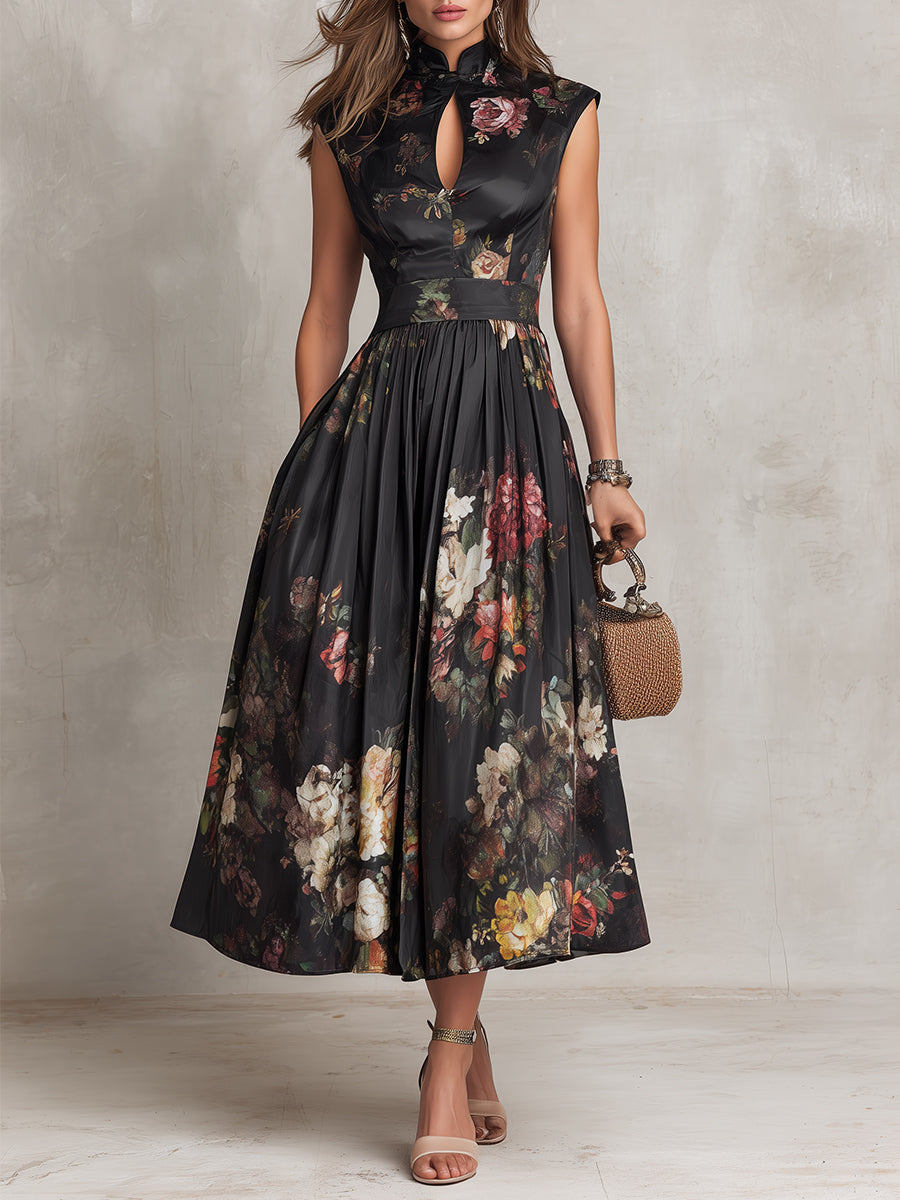 Violette™ | Vestido midi de satén plisado negro con estampado floral y escote en forma de gota