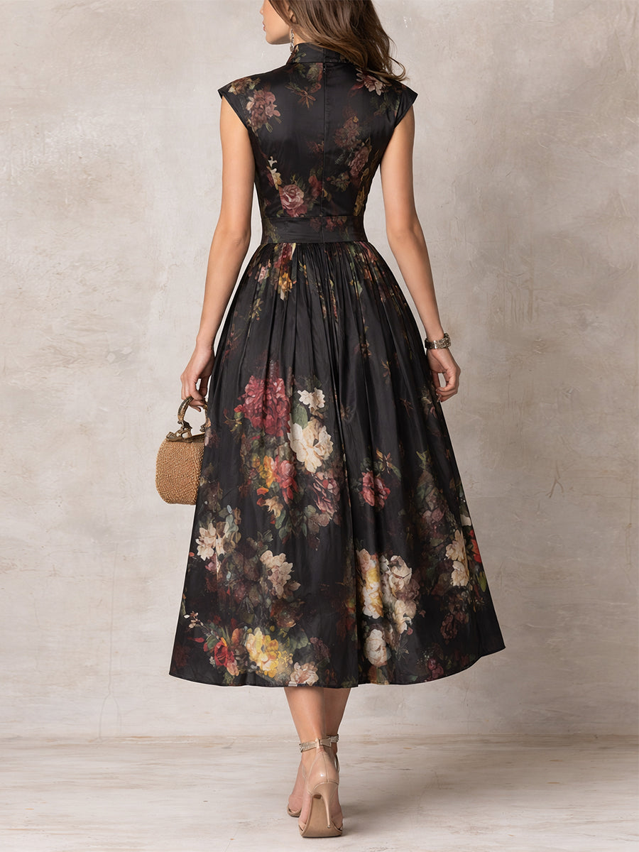 Violette™ | Vestido midi de satén plisado negro con estampado floral y escote en forma de gota