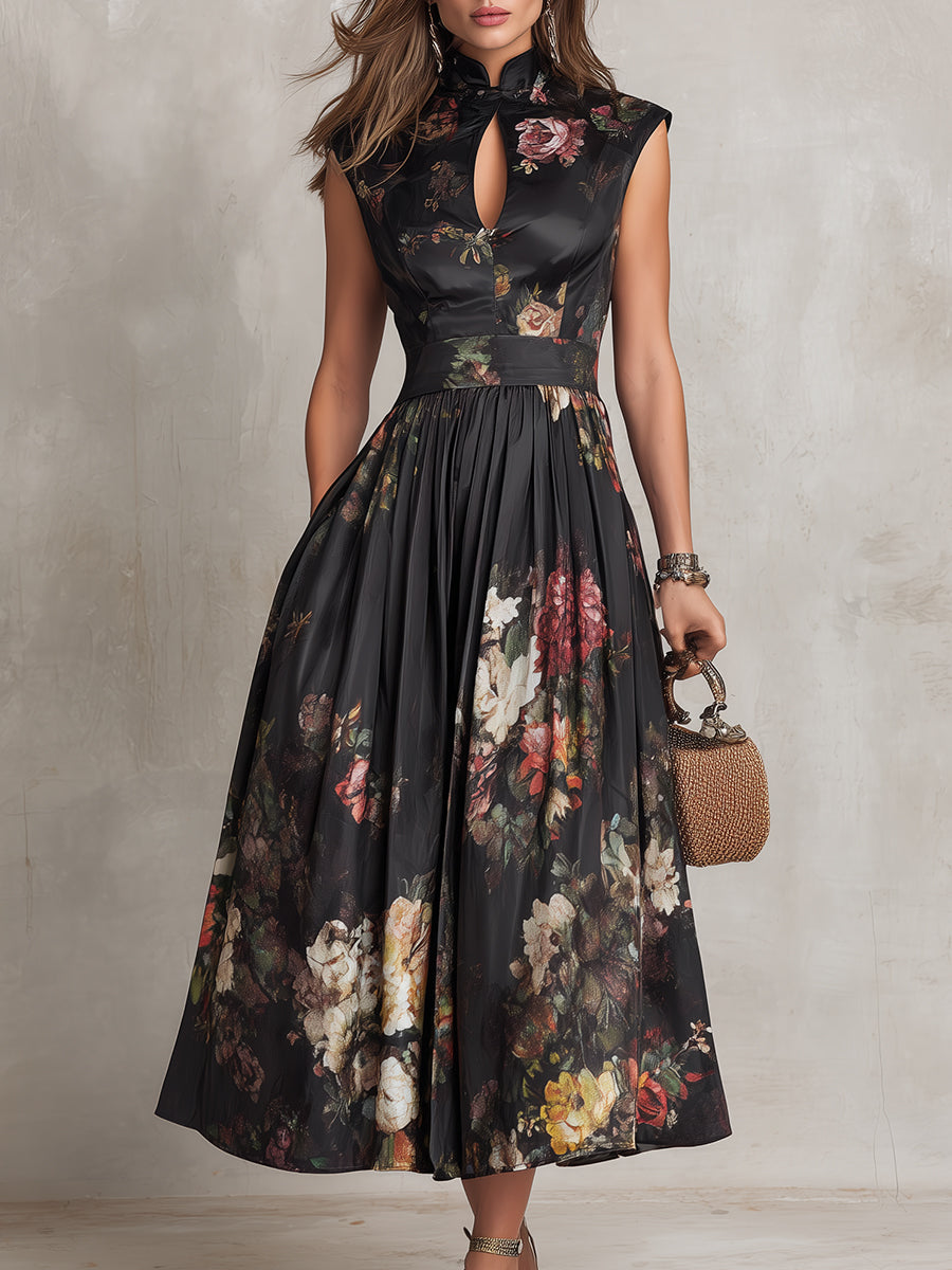 Violette™ | Vestido midi de satén plisado negro con estampado floral y escote en forma de gota