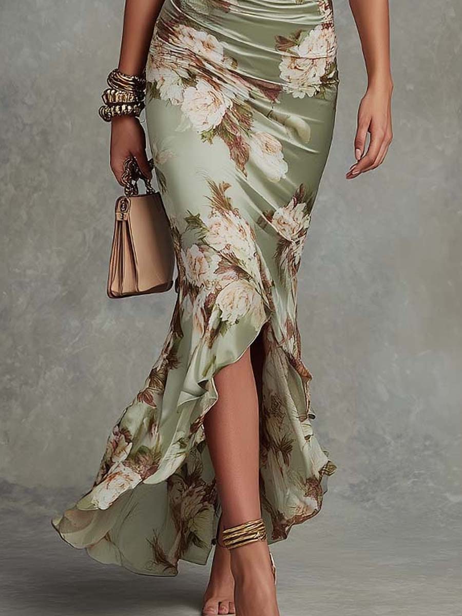 Anne™ | Vestido largo asimétrico de satén verde con cuello en V, mangas abullonadas y estampado floral
