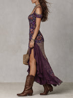 Lys | Vestido largo violeta de estilo nómada urbano con estampado de leopardo, flores y abertura alta