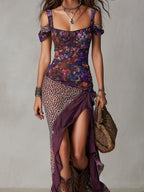 Lys | Vestido largo violeta de estilo nómada urbano con estampado de leopardo, flores y abertura alta