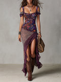 Lys | Vestido largo violeta de estilo nómada urbano con estampado de leopardo, flores y abertura alta