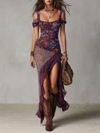 Lys | Vestido largo violeta de estilo nómada urbano con estampado de leopardo, flores y abertura alta