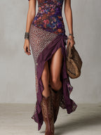 Lys | Vestido largo violeta de estilo nómada urbano con estampado de leopardo, flores y abertura alta