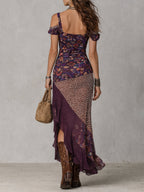 Lys | Vestido largo violeta de estilo nómada urbano con estampado de leopardo, flores y abertura alta